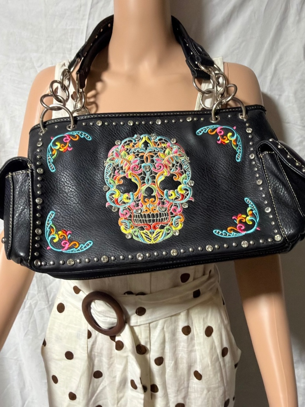 Montana West Sugar Skull Embroidered Studded Concealed Carry Shoulder Bag Purse